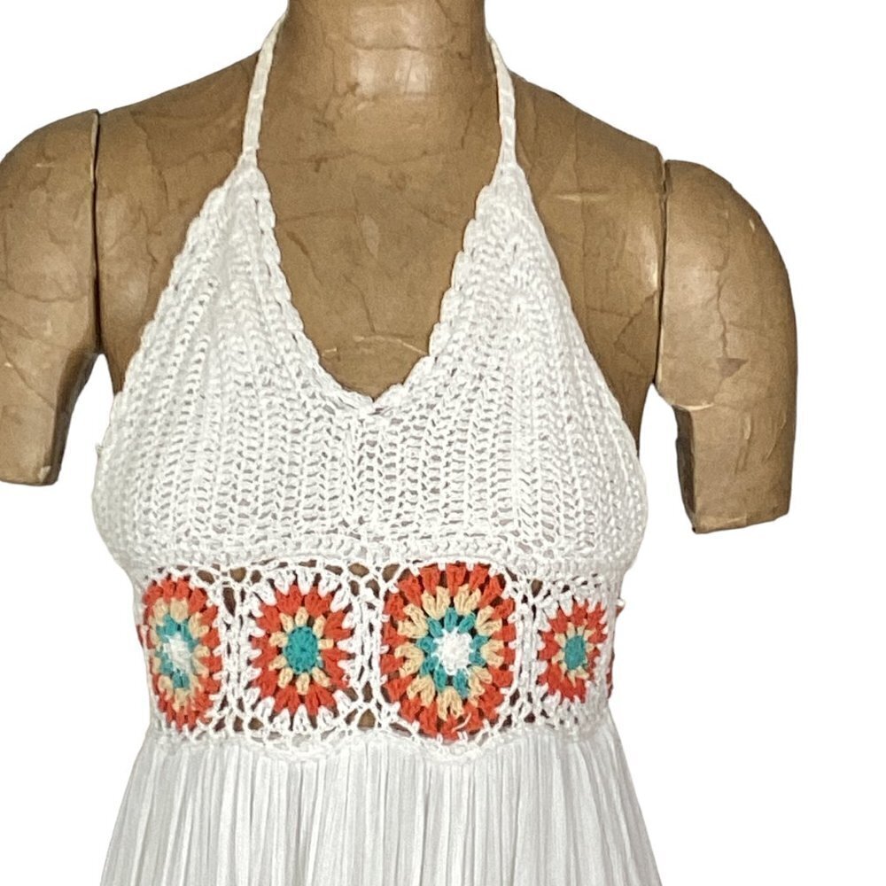 Earthbound Crochet Halter Top/Gauze Maxi Dress Sz S White Multi #266A - Picture 2 of 9